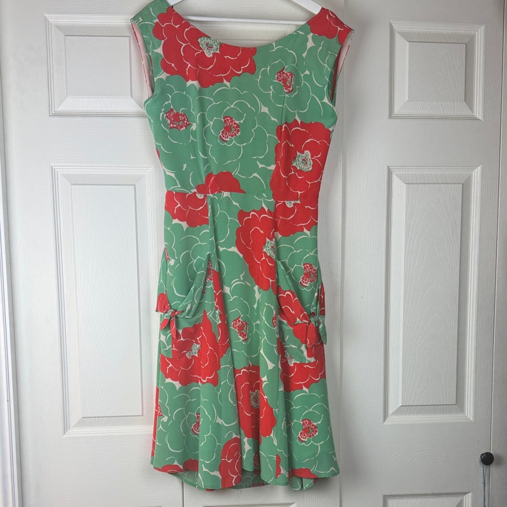 Anthropology Corey Lynn Calter Green and Red Floral Silk Dress